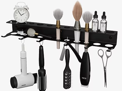 Black Bathroom Organizer Rack With Alarm Clock Brushes Bottles Hair Dryer Comb And Scissors 3d model
