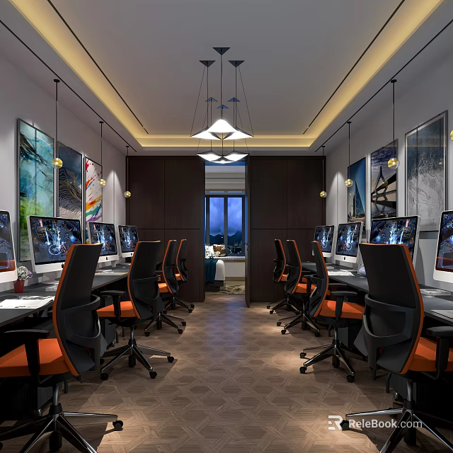 Modern Comfortable Internet Cafe Interior With Computers Office Chairs And Pendant Lights 3d model 