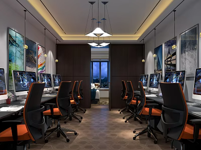 Modern Comfortable Internet Cafe Interior With Computers Office Chairs And Pendant Lights 3d model