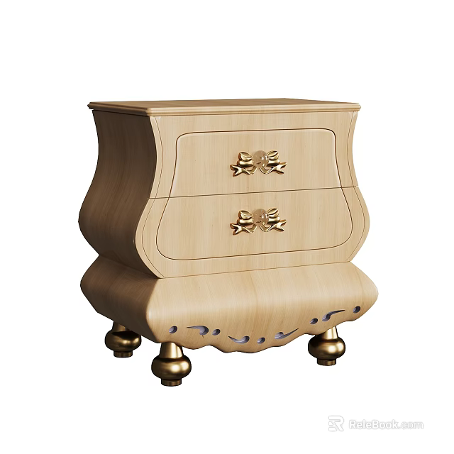 Wooden Nightstand With Two Drawers And Golden Handles On Decorative Legs 3d model 