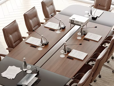 Modern Meeting Room Wooden Conference Table With Brown Leather Chairs Documents Water Glasses And Projector 3d model