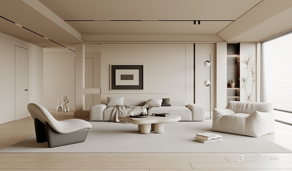 Minimalist Living Room Interior With White Sofa Coffee Table Armchair Painting Floor Lamp Bookshelf Decorations 3d model 