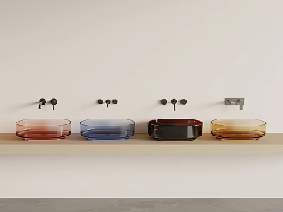 Four Colored Glass Washbasins on Wooden Countertop with Black Wall Mounted Faucets 3d model