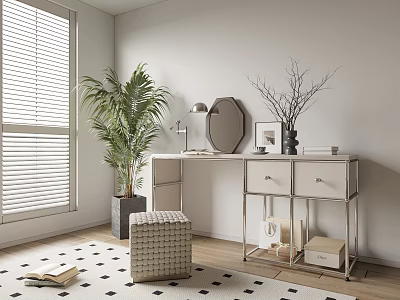 Modern Dressing Table With Stainless Steel Frame Octagonal Mirror Table Lamp And Palm Plant 3d model