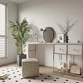 Modern Dressing Table With Stainless Steel Frame Octagonal Mirror Table Lamp And Palm Plant