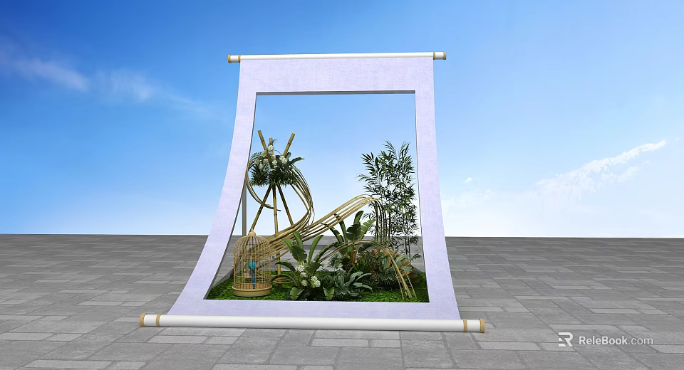Scroll Frame Photo Spot With Green Plants Bamboo Structure And Birdcage 3d model 