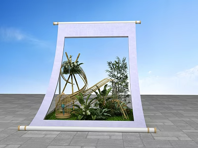 Scroll Frame Photo Spot With Green Plants Bamboo Structure And Birdcage 3d model