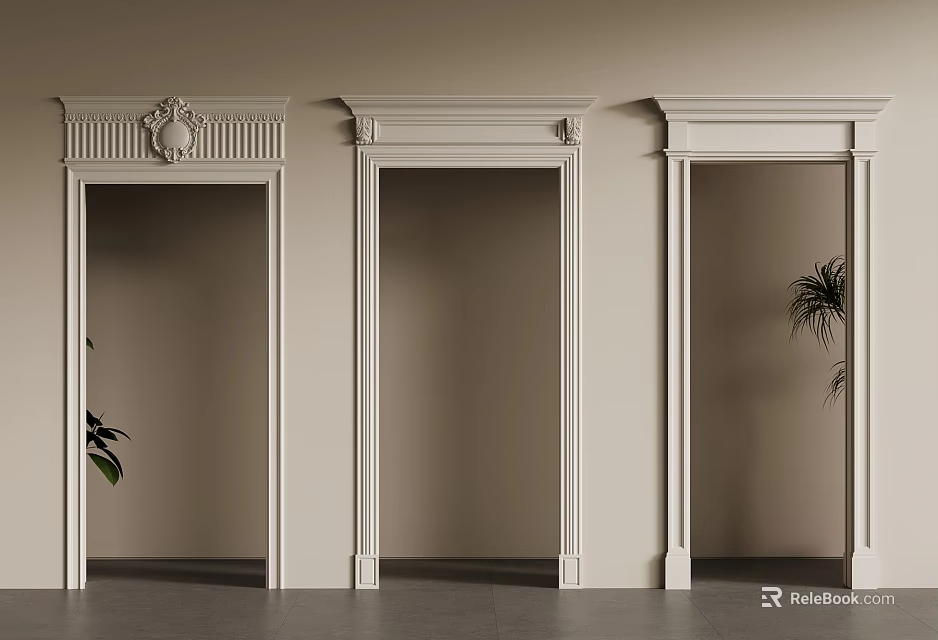 White Door Frames With Different Designs Against Beige Wall And Green Plants 3d model