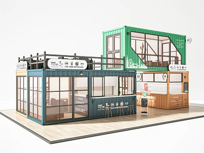 Modern Commercial Container Building with Multiple Containers Large Windows Balcony and Outdoor Seating 3d model
