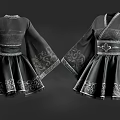 Traditional Black Dresses With Wide Sleeves And Decorative Waist Belt Embroidery Patterns