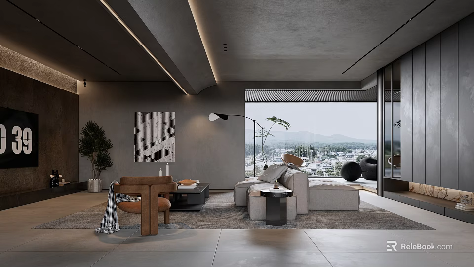 Modern Living Room Interior With Gray Sofa Armchair Coffee Table Floor Lamp And Scenic View 3d model 