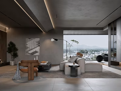 Modern Living Room Interior With Gray Sofa Armchair Coffee Table Floor Lamp And Scenic View 3d model