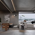 Modern Living Room Interior With Gray Sofa Armchair Coffee Table Floor Lamp And Scenic View