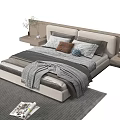 Modern Gray Double Bed With Pillows Blanket And Bedside Tables With Vase Lamp And Rug