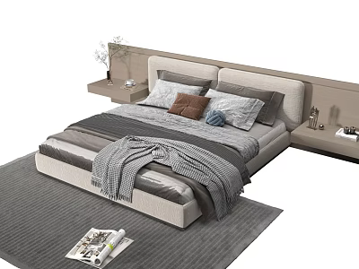 Modern Gray Double Bed With Pillows Blanket And Bedside Tables With Vase Lamp And Rug 3d model