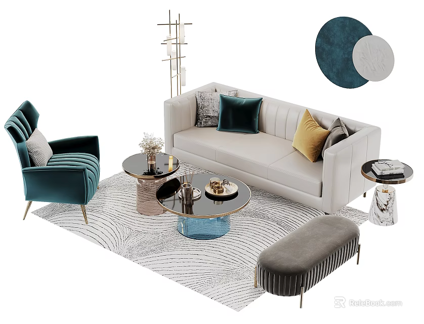 Elegant Modern Sofa Coffee Table Set With Round Tables Colorful Pillows And Patterned Rug 3d model
