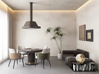 Entertainment Room With Round Dining Table Four Chairs Pendant Light Sofa Globe Books And Plant 3d model