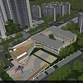 Modern School Building With Playground Area And Green Trees Surrounded By Residential Buildings