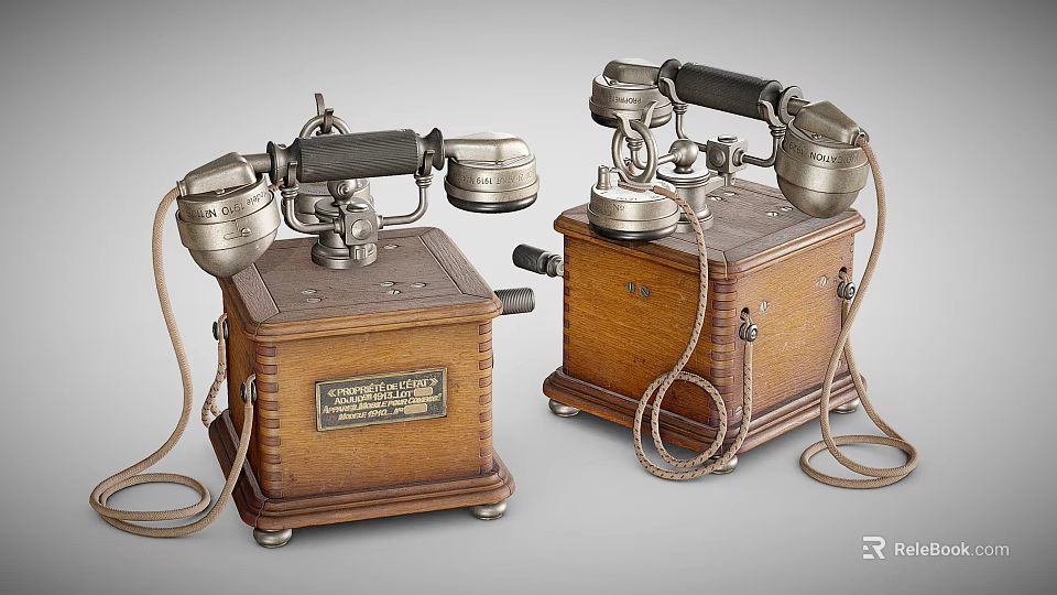 Vintage Telephones With Wooden Cases Metal Parts And Coiled Telephone Lines 3d model 
