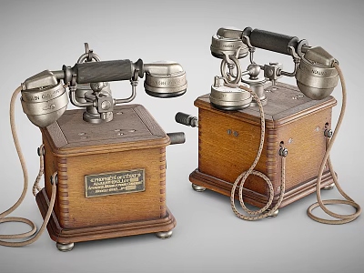 Vintage Telephones With Wooden Cases Metal Parts And Coiled Telephone Lines 3d model