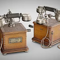 Vintage Telephones With Wooden Cases Metal Parts And Coiled Telephone Lines
