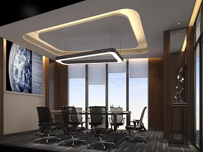 Modern Conference Room With Long Table Office Chairs Large Windows And Earth Decor 3d model