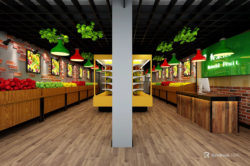 Bright Fruit Store Interior With Wooden Shelves Fresh Fruits Green Vine Decorations And Yellow Counter 3d model 
