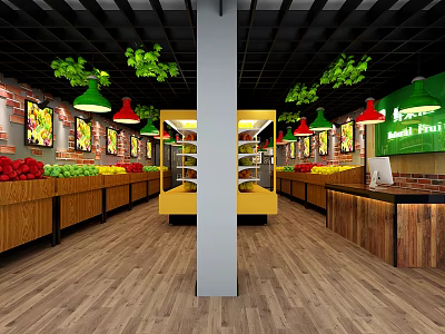 Bright Fruit Store Interior With Wooden Shelves Fresh Fruits Green Vine Decorations And Yellow Counter 3d model