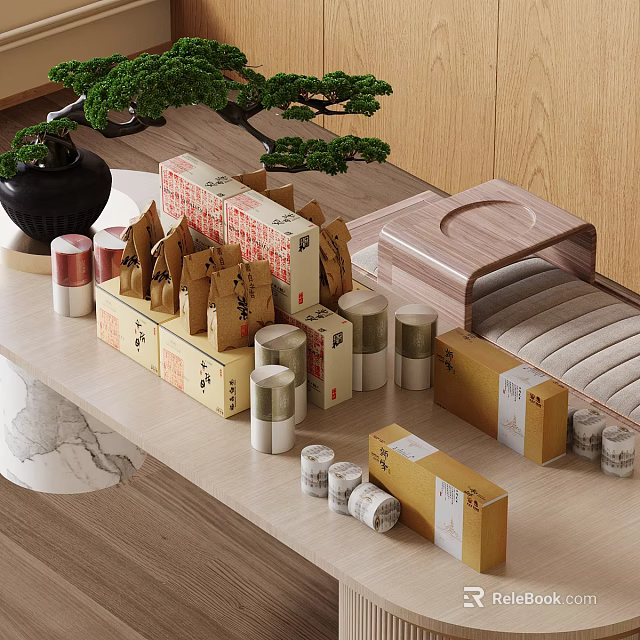 Traditional Tea Set Display With Wooden Tray Tea Boxes And Caddies On Marble Countertop 3d model 