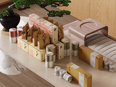 Traditional Tea Set Display With Wooden Tray Tea Boxes And Caddies On Marble Countertop 3d model