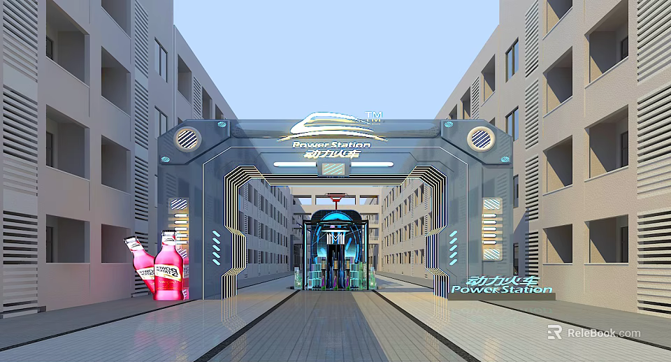 Modern Futuristic Entrance Gate With Promotion Sign Blue Lighting And Pink Drink Bottles 3d model 