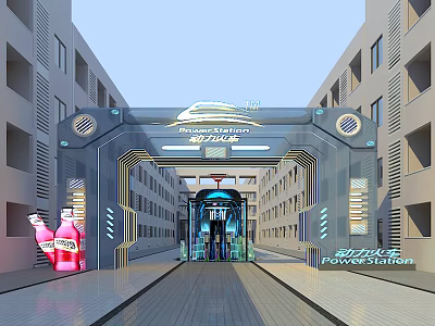 Modern Futuristic Entrance Gate With Promotion Sign Blue Lighting And Pink Drink Bottles 3d model