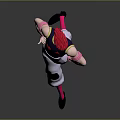 Man with red hair black top pink pants and black patches standing on gray background