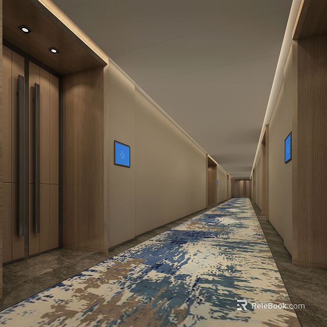 Modern Hotel Corridor With Wooden Doors Blue Screens And Long Carpet 3d model 