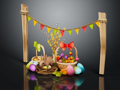 Easter Decoration Scene With Wooden Pillars Colorful Pennant Banner Bunny Painted Eggs And Baskets 3d model