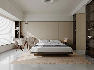 Modern Bedroom Interior With Platform Bed Beige Walls Desk Chair Blinds And Round Ceiling Light 3d model