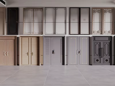 Various Security Doors With Modern Designs Featuring Wooden Metal And Glass Elements In Different Colors 3d model