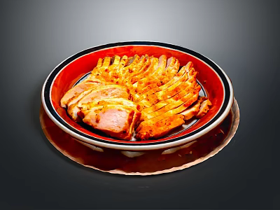 Delicious Grilled Ribs Served On Red And Black Plate With Brown Mat 3d model