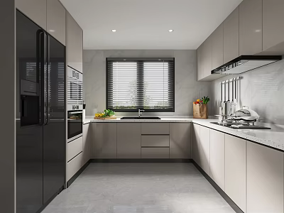 Modern Kitchen Interior With Gray Cabinets Black Refrigerator Oven Window Blinds And Marble Countertop 3d model