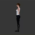 Red Haired Child Wearing White Tank Top Black Leggings Black Boots Arms Outstretched Gray Background