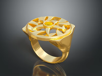 Fashionable Gold Ring With Intricate Cutout Design Central Yellow Gemstone And Unique Geometric Pattern 3d model