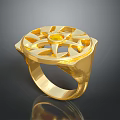Fashionable Gold Ring With Intricate Cutout Design Central Yellow Gemstone And Unique Geometric Pattern