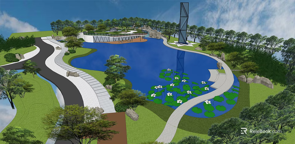 Park Landscape Featuring Blue Lake Water Lilies Winding Paths Green Trees And Observation Tower 3d model 