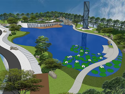Park Landscape Featuring Blue Lake Water Lilies Winding Paths Green Trees And Observation Tower 3d model