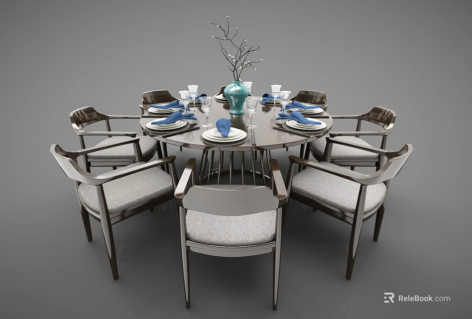 Modern Round Dining Table Set With Six Upholstered Chairs And Tableware Decor 3d model 