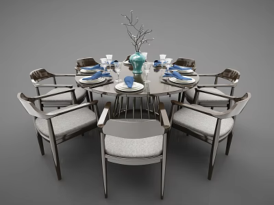 Modern Round Dining Table Set With Six Upholstered Chairs And Tableware Decor 3d model