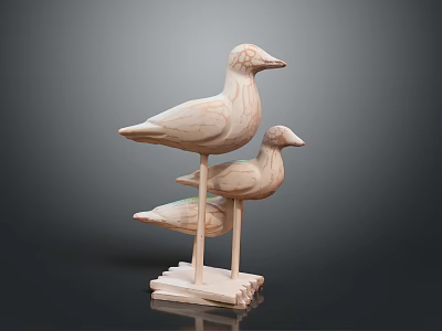 Two Wooden Bird Figurines Stacked on Intricate Carved Wooden Base Design 3d model