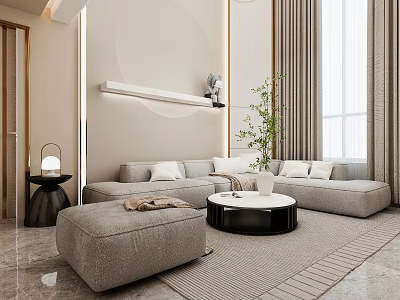 Modern Duplex Living Room With Sectional Sofa Round Coffee Table And Ottoman 3d model