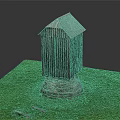 Wooden Tower Like Building With Stone Base On Green Grass Field And Benches