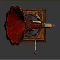 Vintage Gramophone With Red Horn Wooden Base And Turntable Metal Arm